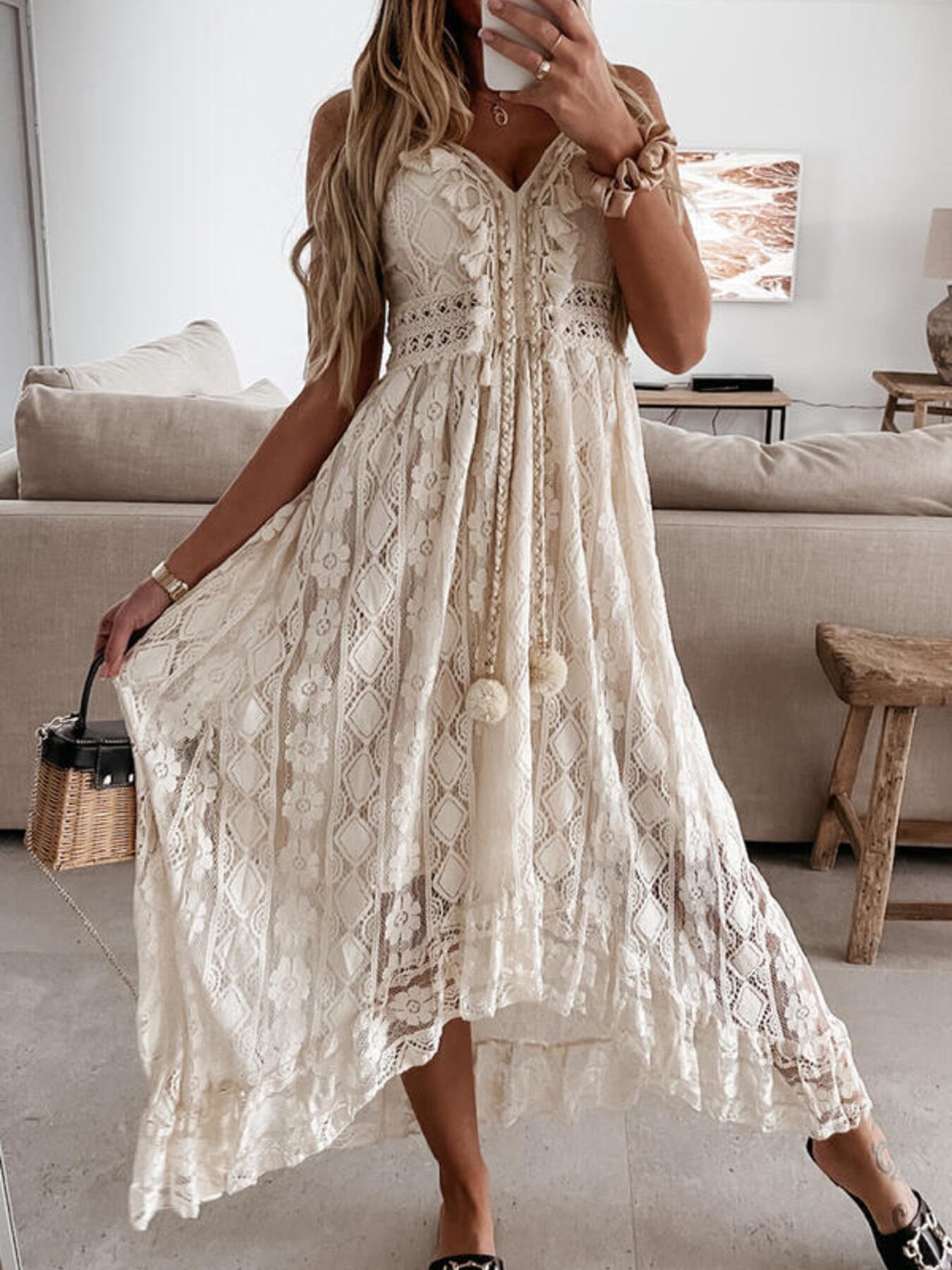 Full Size Ruffled Lace V-Neck Maxi Dress Plus Size | Thred Therapy Beige / 4XL Full Size Ruffled Lace V-Neck Maxi Dress Plus Size | Thred Therapy Beige / 4XL