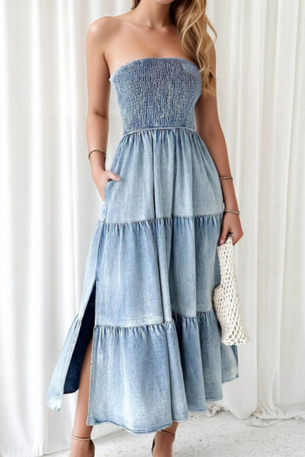 denim dress with slit BamGleam Long Strapless Design, Elastic Fitted Slim Chic Dress For Summer catching contrasting large lapel and customized 4 metal buckles and embellished skirt ~ There is a hollow cut Thin Strap Slit Jean Dress