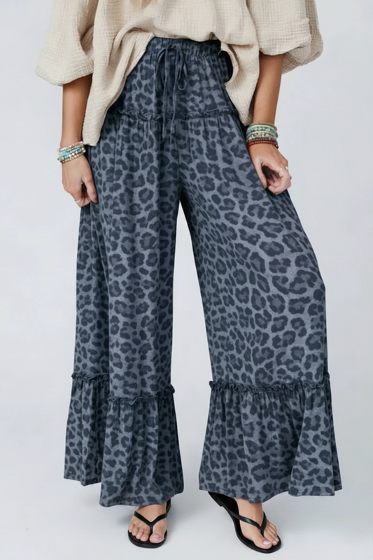 Leopard Print Wide Leg Pants with Black Flip Flops