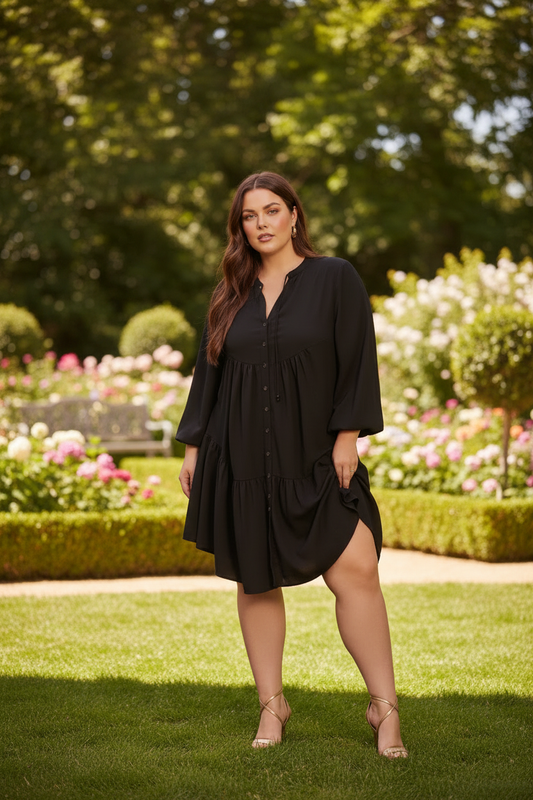 Plus Size Button Front Balloon Sleeve Dress – Simple Outdoor Setting