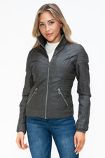 YMI Faux Layered Double-Zipper Jacket with Fuzzy Hood