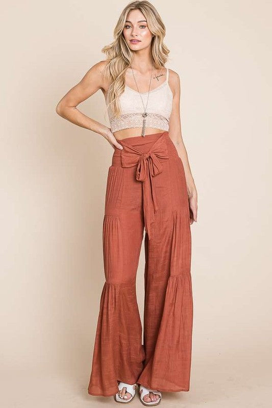Tie front ruched waist back pants