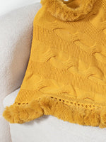 Fuzzy Hem Cable-Knit Poncho