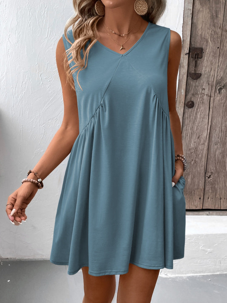 Ruched V-Neck Sleeveless Mini Dress