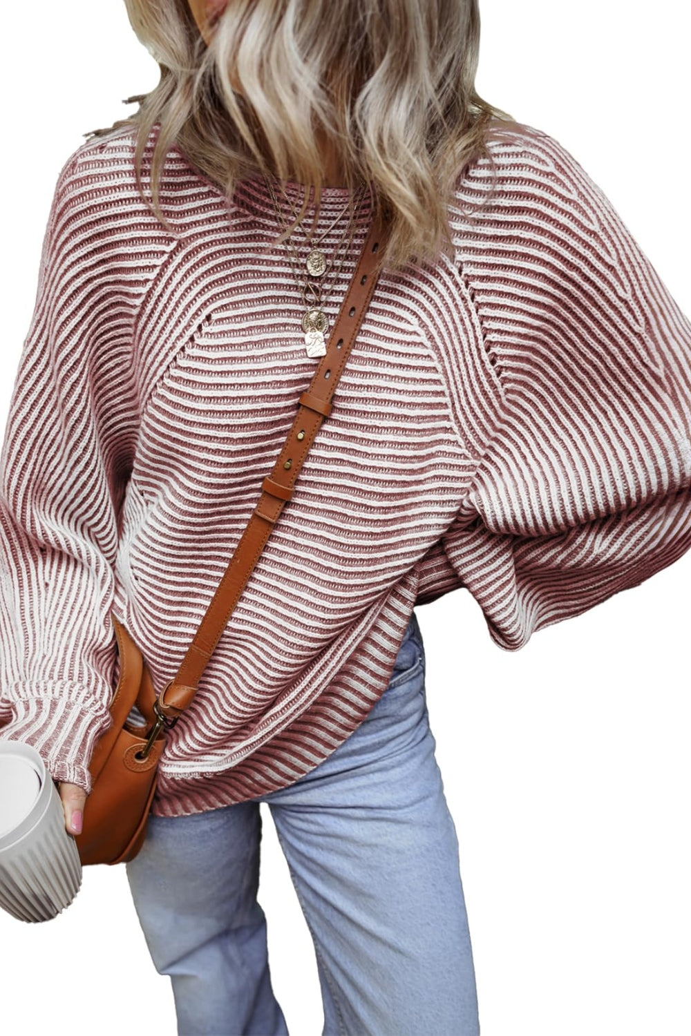 Textured Striped Round Neck Long Sleeve Top