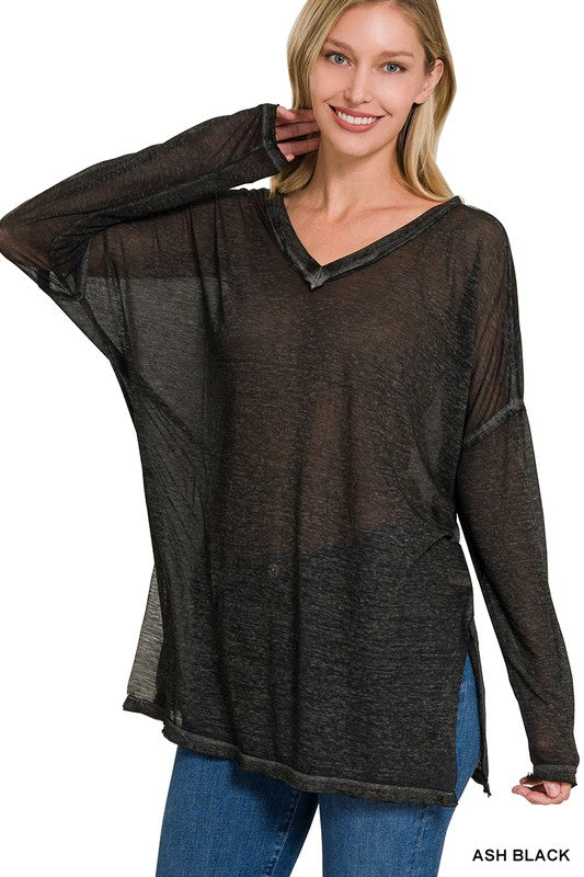 Melange Burnout Dolman Sleeve V-Neck Top