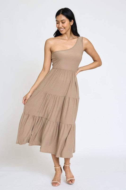 One Shoulder Ruffle Midi Dress