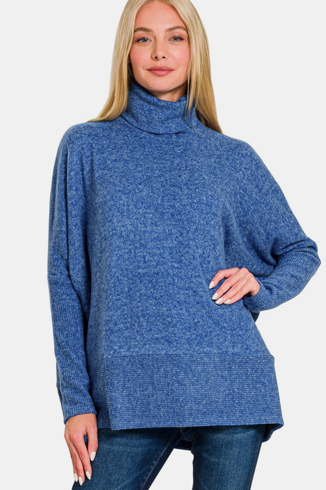 Full Size Brushed Melange Hacci Turtleneck Sweater