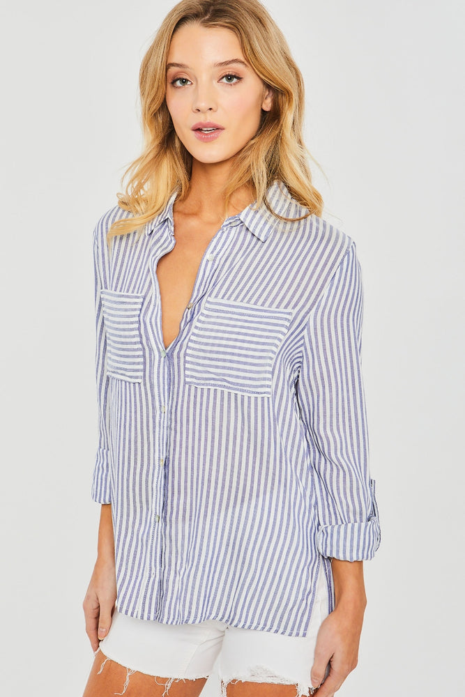 Love Tree Striped Collared Neck Long Sleeve Shirt