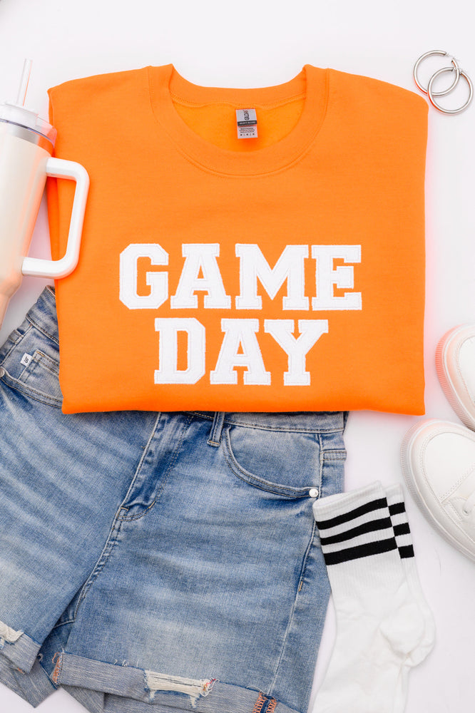 PREORDER: Embroidered Glitter Game Day Sweatshirt in Bright Orange/White