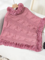 Fuzzy Hem Cable-Knit Poncho