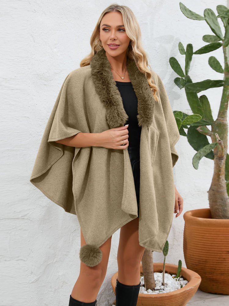 My Fuzzy Trim Open Front Poncho