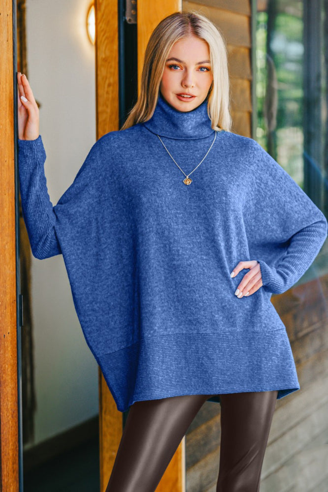 Full Size Brushed Melange Hacci Turtleneck Sweater