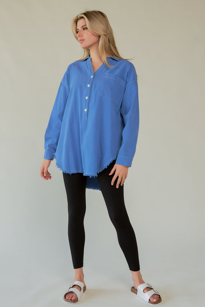 Davi & Dani Letter Back Raw Hem Half Button Shirt