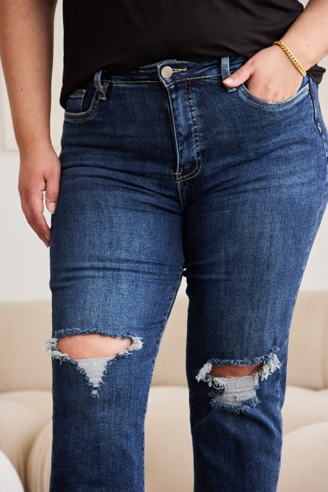 RFM Full Size Tummy Control Distressed High Waist Raw Hem Jeans