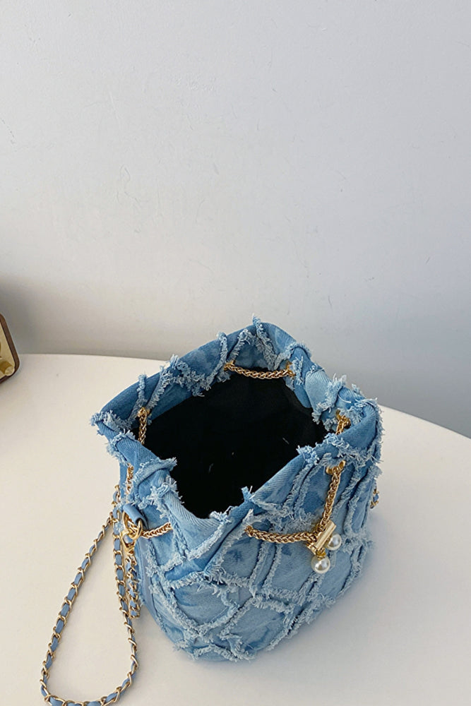 Chain Drawstring Raw Edge Denim Bucket Bag