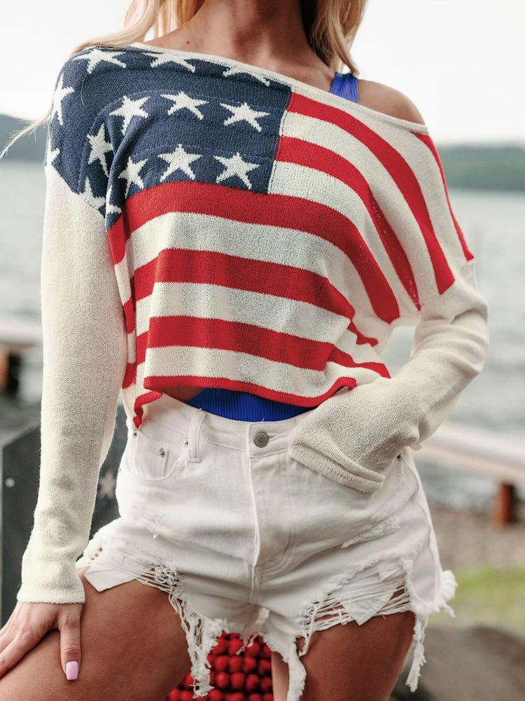 US Flag Boat Neck Long Sleeve Knit Top