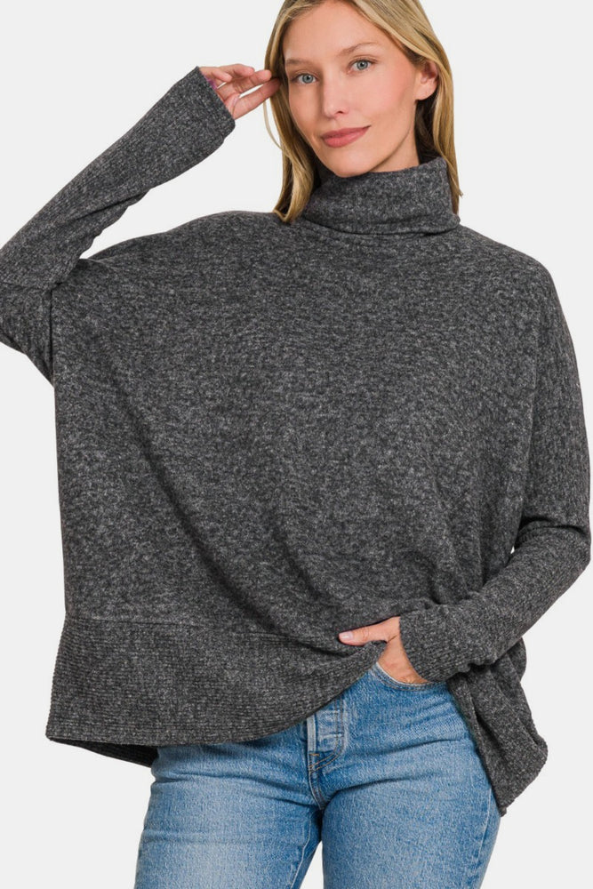 Full Size Brushed Melange Hacci Turtleneck Sweater