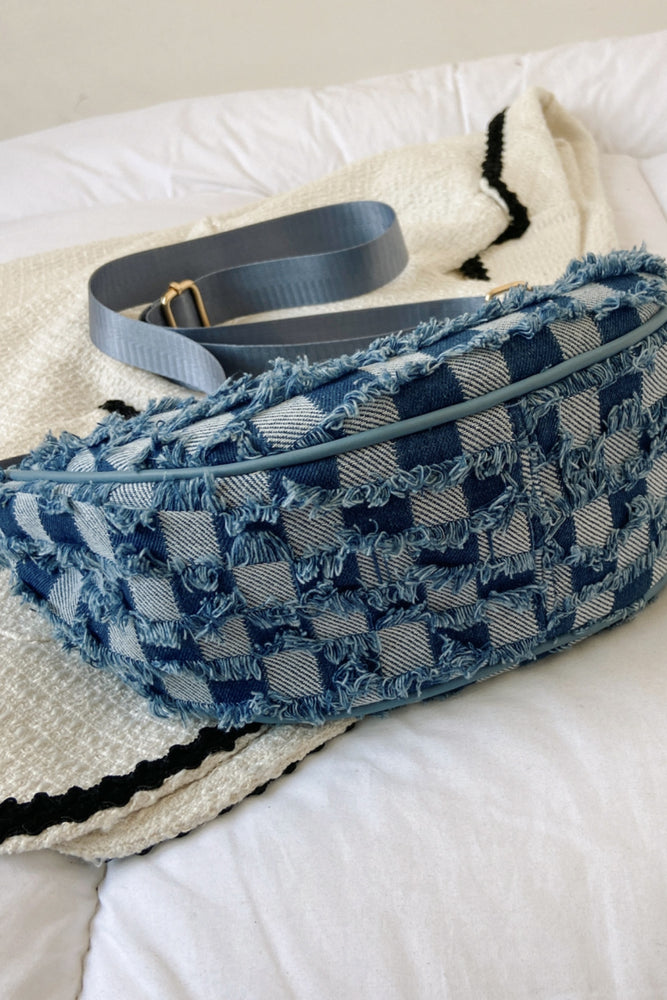 Raw Hem Checkered Denim Crossbody Bag