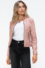 Snobbish Faux Leather Zip Up Drawstring Hooded Jacket