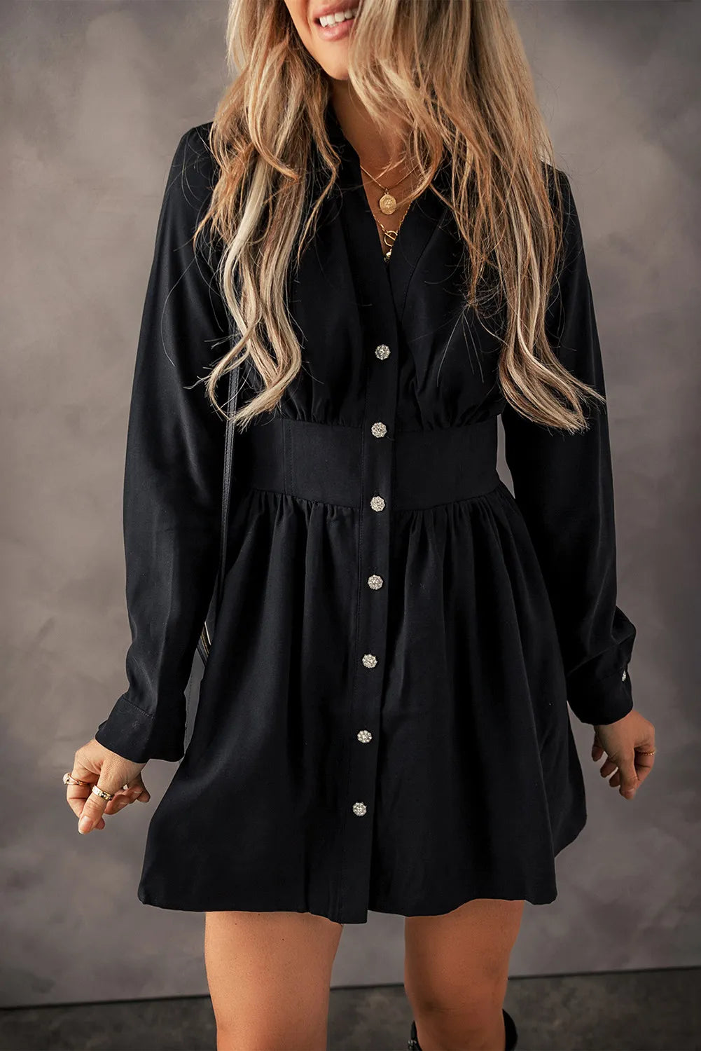 Ruched Button Up Long Sleeve Dress Black / XL