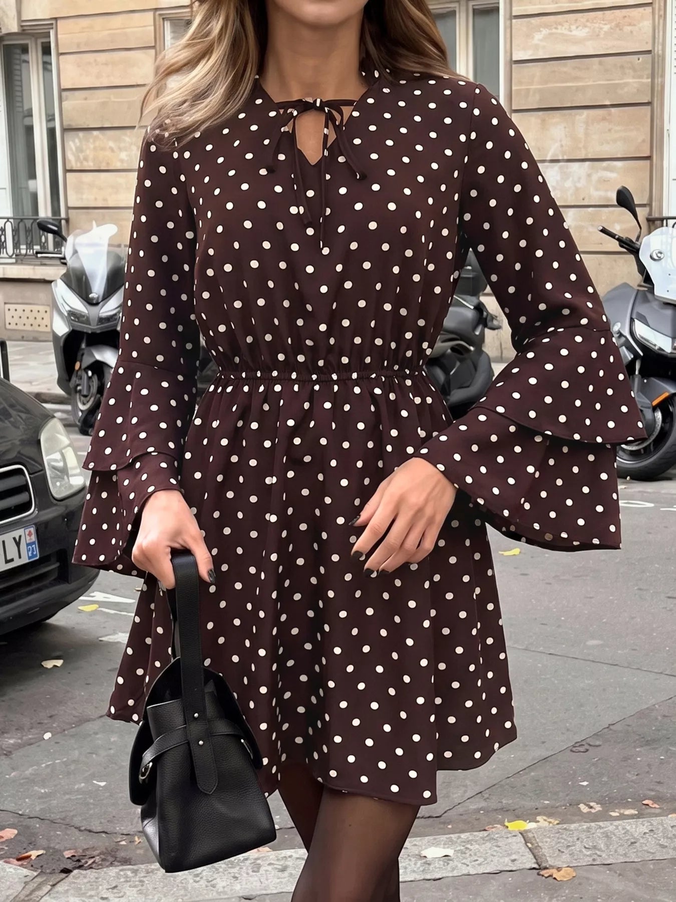 polka dot ladies dresses Flare Sleeve Tie Neck Dress | Women's tailored dress for women it includes thin straps Size:08 (SMALL) Indian Makeover Dress Up