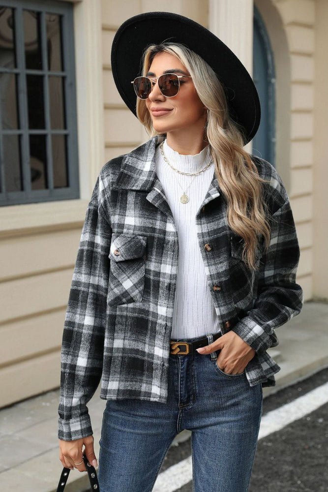 Pocketed Plaid Collared Neck Dropped Shoulder Jacket