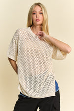 Davi & Dani Side Slit Openwork Round Neck Half Sleeve Knit Cover Up