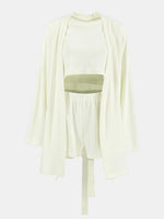 Waffle-Knit Round Neck T-Shirt, Open Front Cardigan and Shorts Set