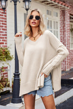 Slit V-Neck Dropped Shoulder Sweater