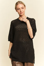 Davi & Dani Side Slit Openwork Round Neck Half Sleeve Knit Cover Up