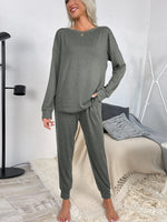 Shiny Round Neck Top and Drawstring Pants Lounge Set