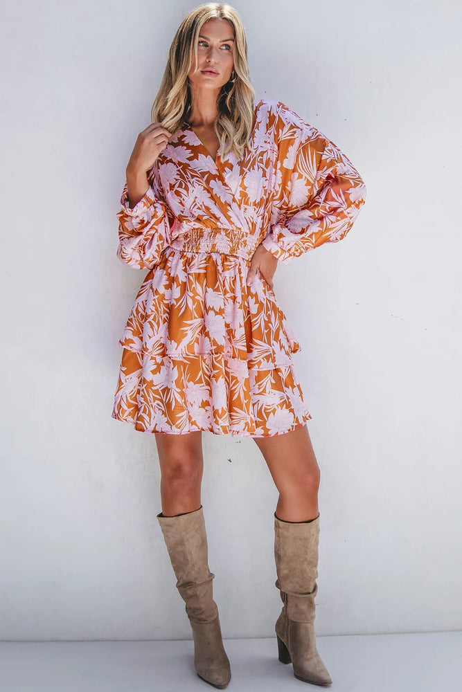 Smocked Printed Long Sleeve Mini Dress