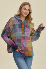 Double Take Full Size Plaid Dropped Shoulder Fleece Hoodie