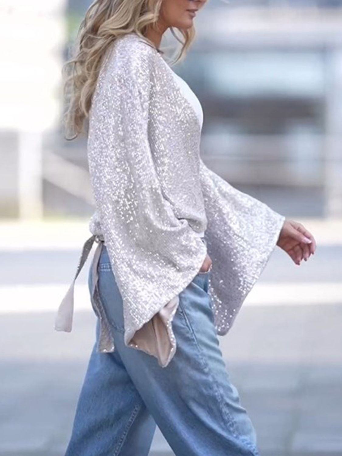 Tied Sequin Surplice Flare Sleeve Blouse