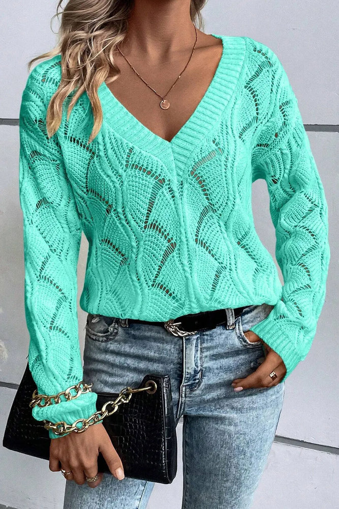 Openwork V-Neck Long Sleeve Sweater