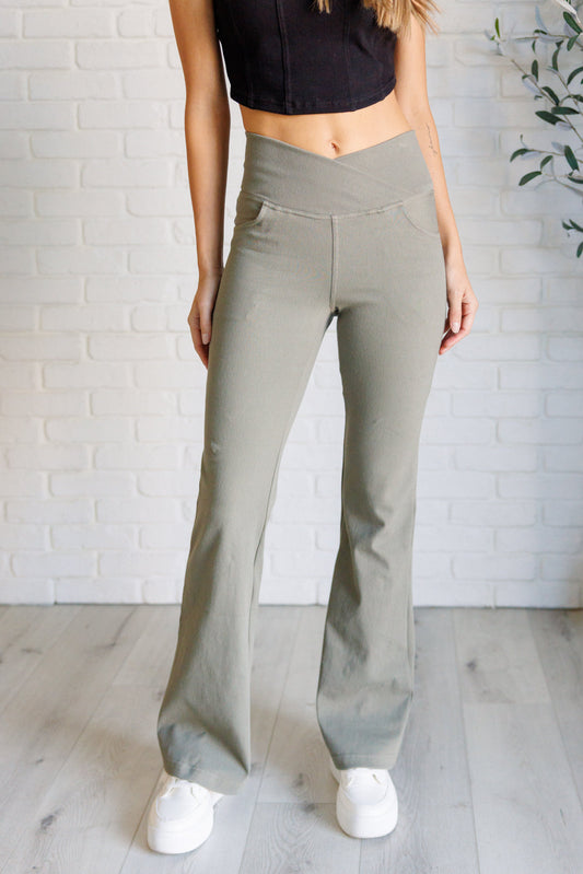 Building Habits Twill Flared Crossover Waist Pant in Dusty Olive