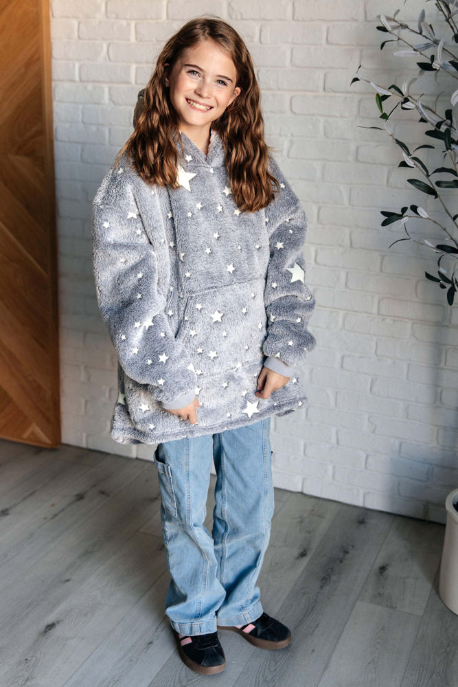 Kids Oversized Hoodie Blanket in Grey Stars