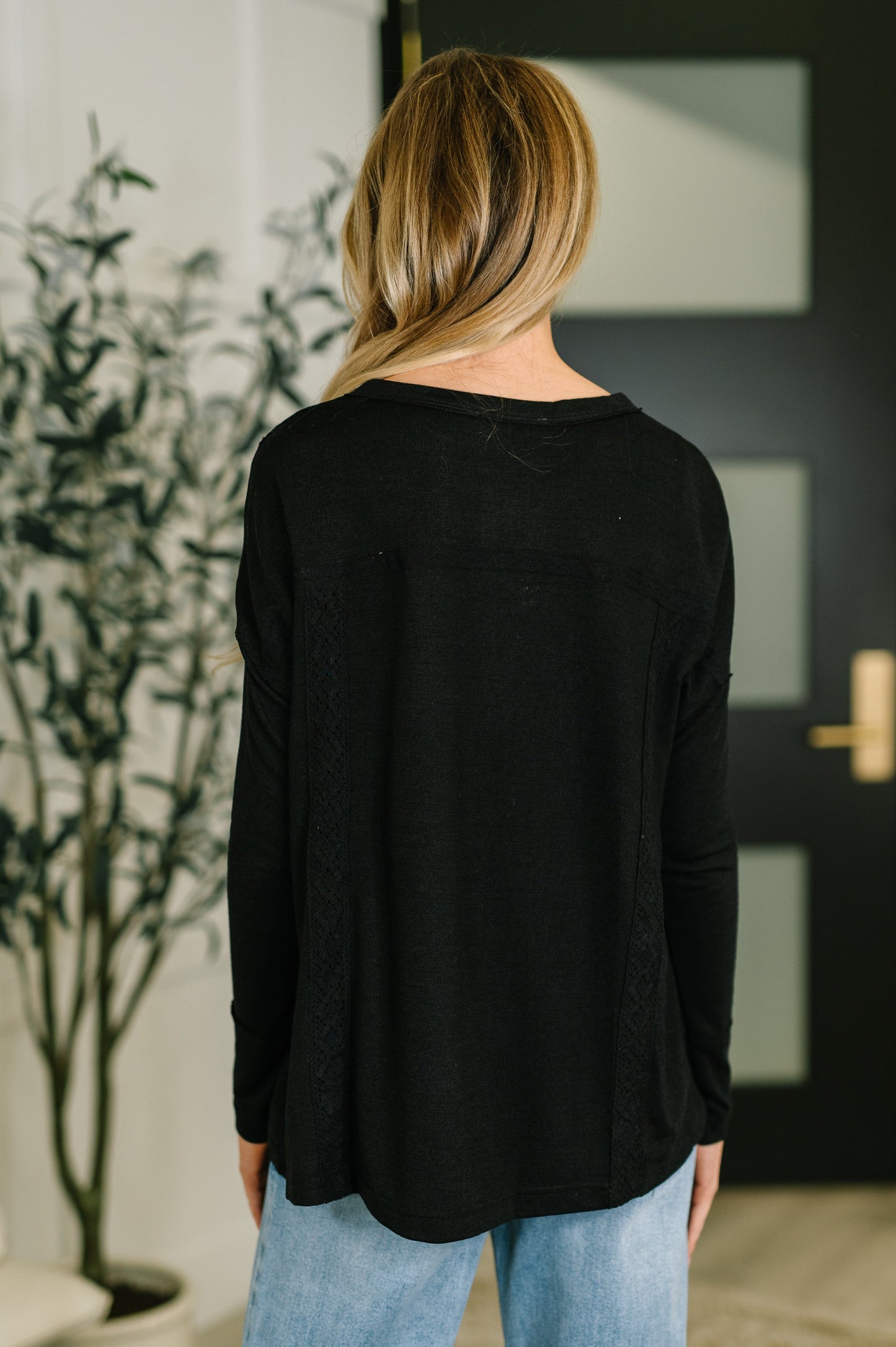 Never Been So Sure Lace Accent Henley Top in Black