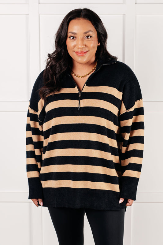 Well Situated Striped Quarter Zip Sweater in Black and Tan