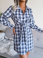 Tied Plaid Long Sleeve Mini Shirt Dress