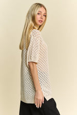 Davi & Dani Side Slit Openwork Round Neck Half Sleeve Knit Cover Up