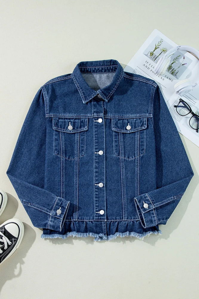 Raw Hem Long Sleeve Denim Jacket