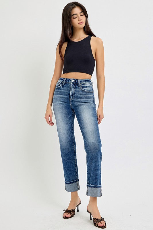 RISEN Full Size High Rise Crop Straight Roll Up Jeans