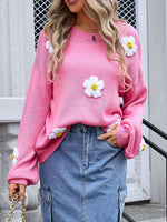 Flower Round Neck Long Sleeve Sweater