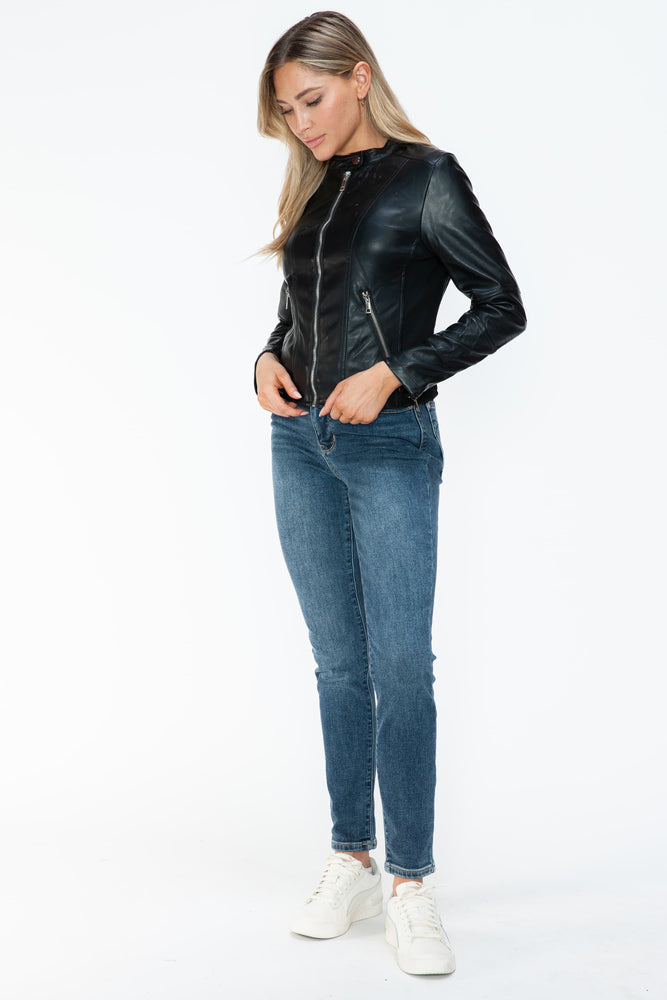 Snobbish PU Leather Zip Up Jacket with Pockets