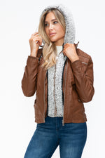 YMI Removable Faux Layered Multi-Pocket Jacket with Fuzzy Hood