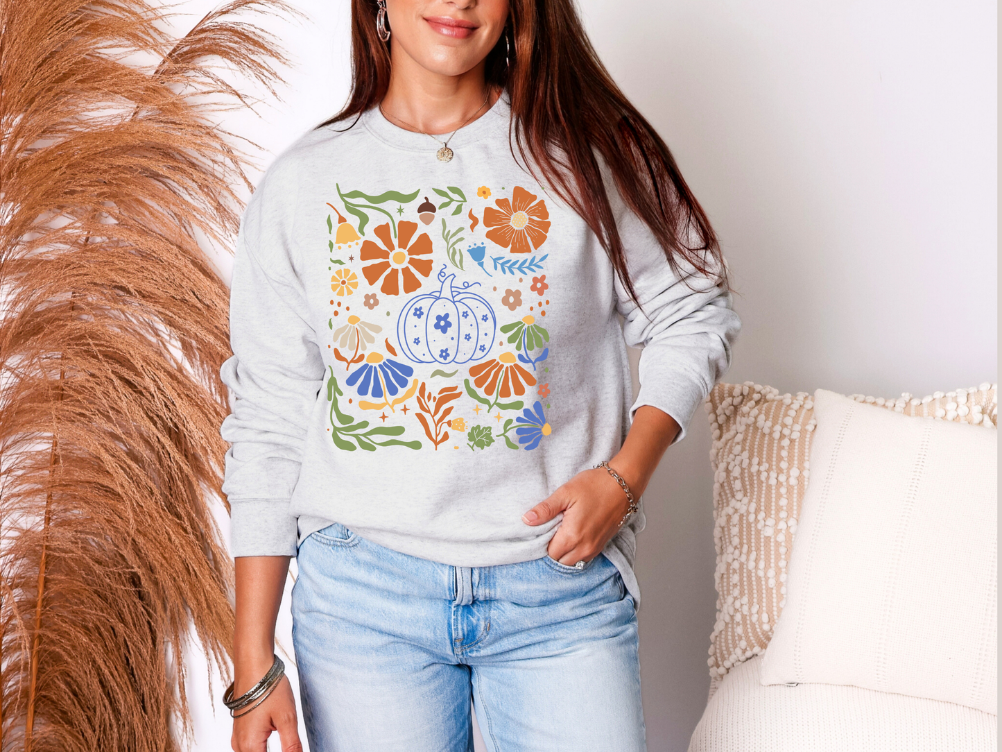 Blue Floral Pumpkin Sweatshirt in Two Colors