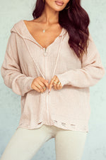 Distressed Zip Up Drawstring Hooded Cardigan