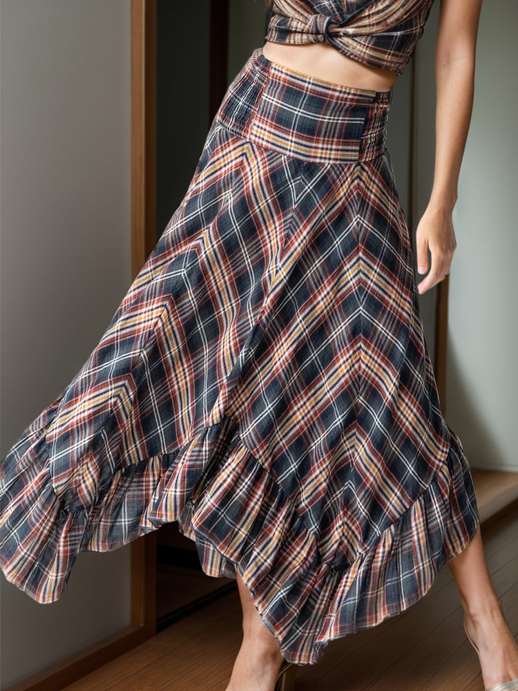 Plaid Asymmetrical Ruffle Hem Skirt